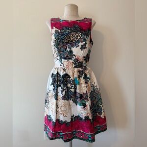 Dress Barn Fit & Flare Pink and Cream Paisley Dress